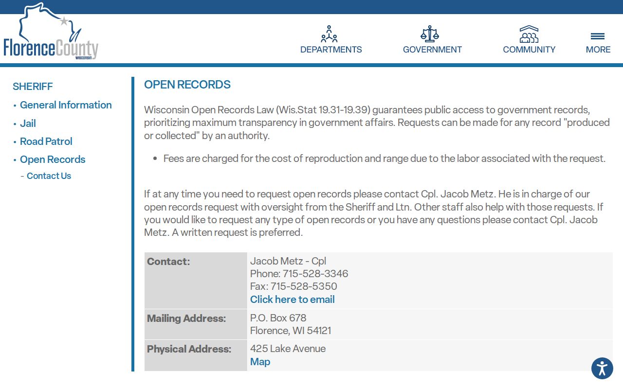 Florence County arrest record request instructions
