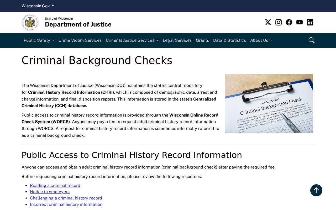 Wisconsin DOJ criminal background check information for Florence County