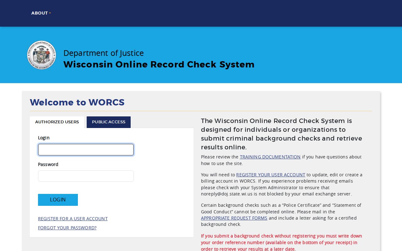 WORCS portal used for Florence County criminal history requests