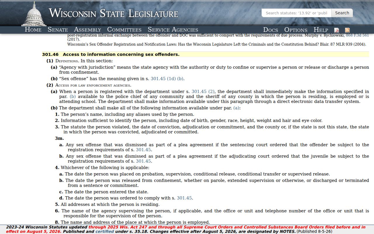 Wisconsin notification law for Florence County sex offender lookup results