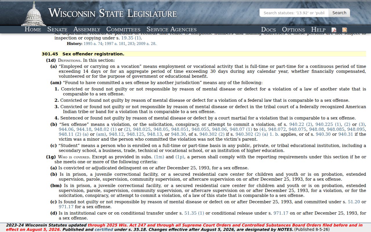 Wisconsin registration law for Florence County sex offender records