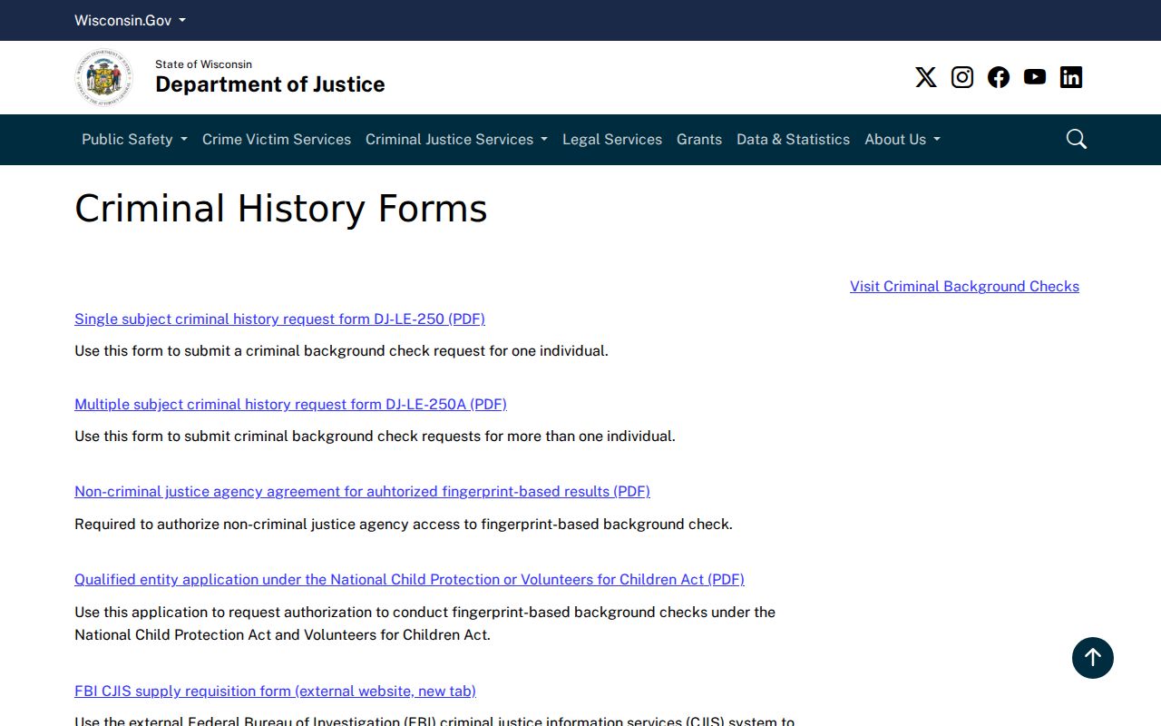 Town of Aurora criminal records forms from Wisconsin DOJ