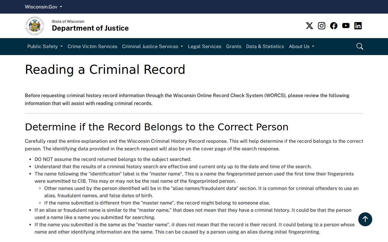 Town of Aurora criminal records and Wisconsin DOJ reading guidance