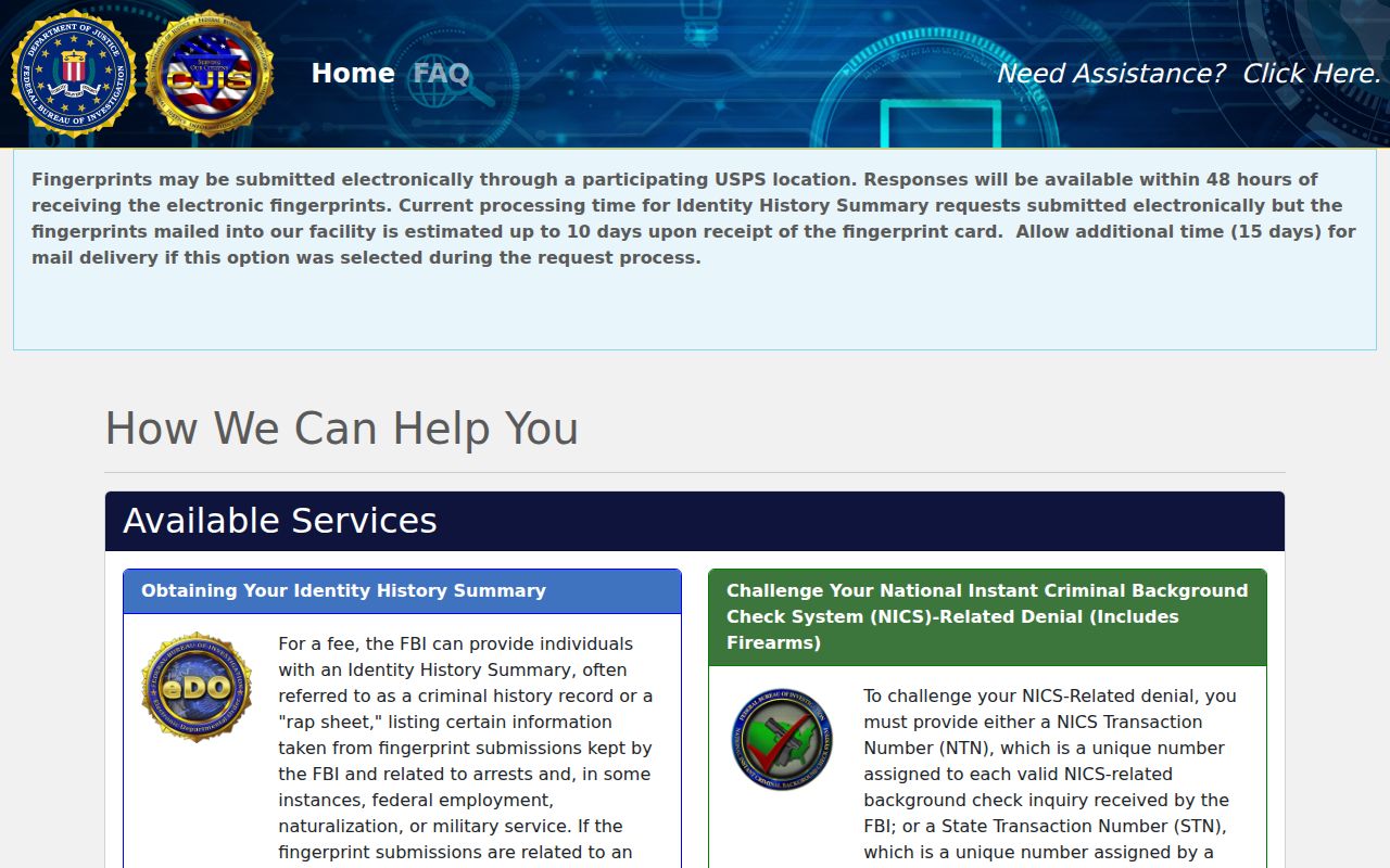 Town of Commonwealth criminal history and FBI electronic identity portal