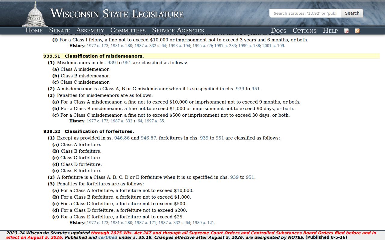 Town of Florence criminal history misdemeanor classifications